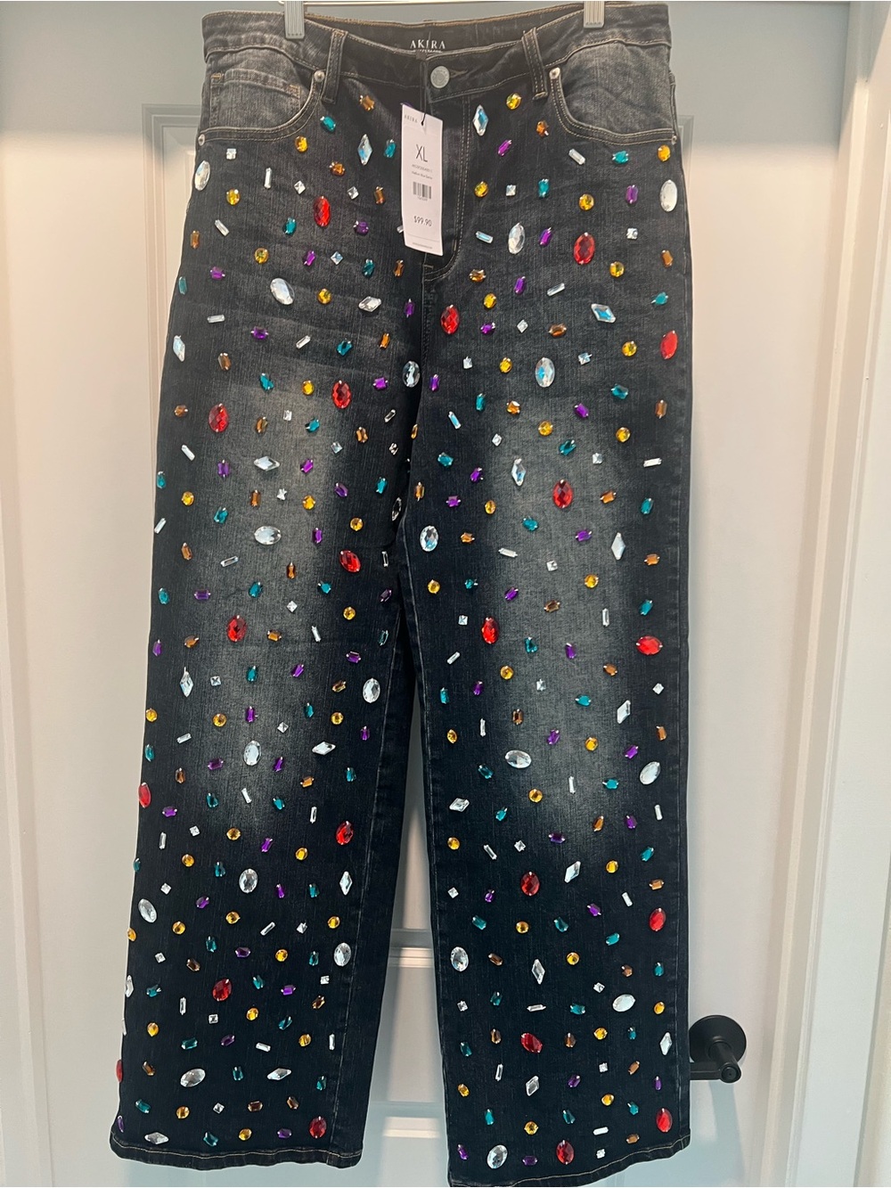 Beautiful NEW AKIRA Ash Black Straight-Leg Jeans, Multicolor Gem Embellishments - Picture 10 of 12